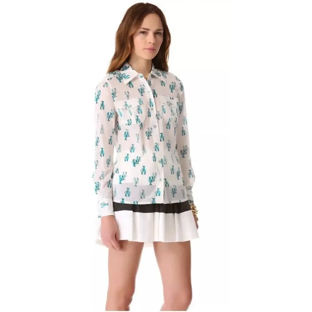 Tory Burch Women's Lobster Print Blouse White Long Sleeve Size 0